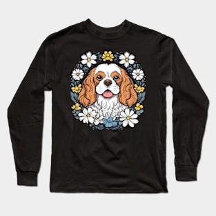 King Charles Spaniel with daisies illustration Long Sleeve T-Shirt